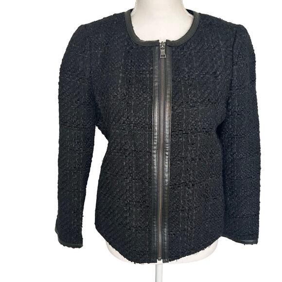 Banana Republic black boucle wool blend collarless zip jacket lined size 8 - Picture 1 of 12